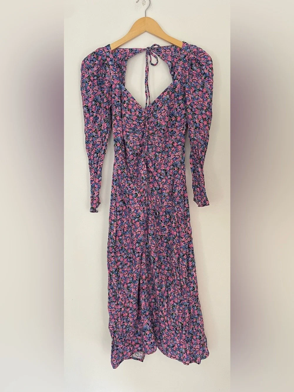 Zara Floral Ruched Midi Dress Size Medium Puff Sleeve Open Back - Picture 7 of 10